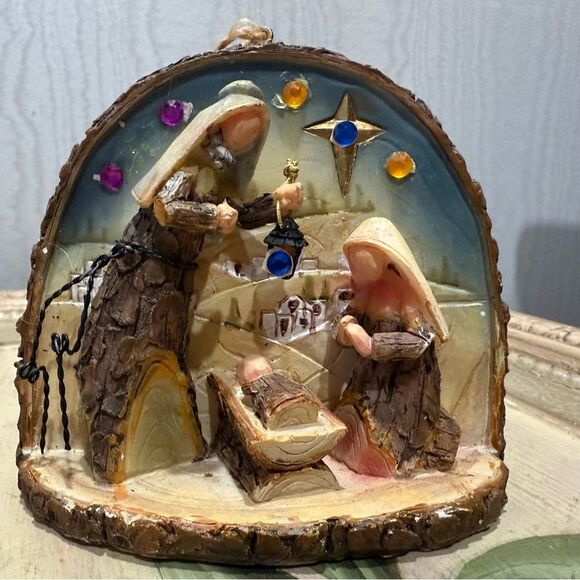 Vintage Kurt Adler Nativity Scene Ornament Faux Wood Bark 3D Tag Attached - Picture 13 of 13